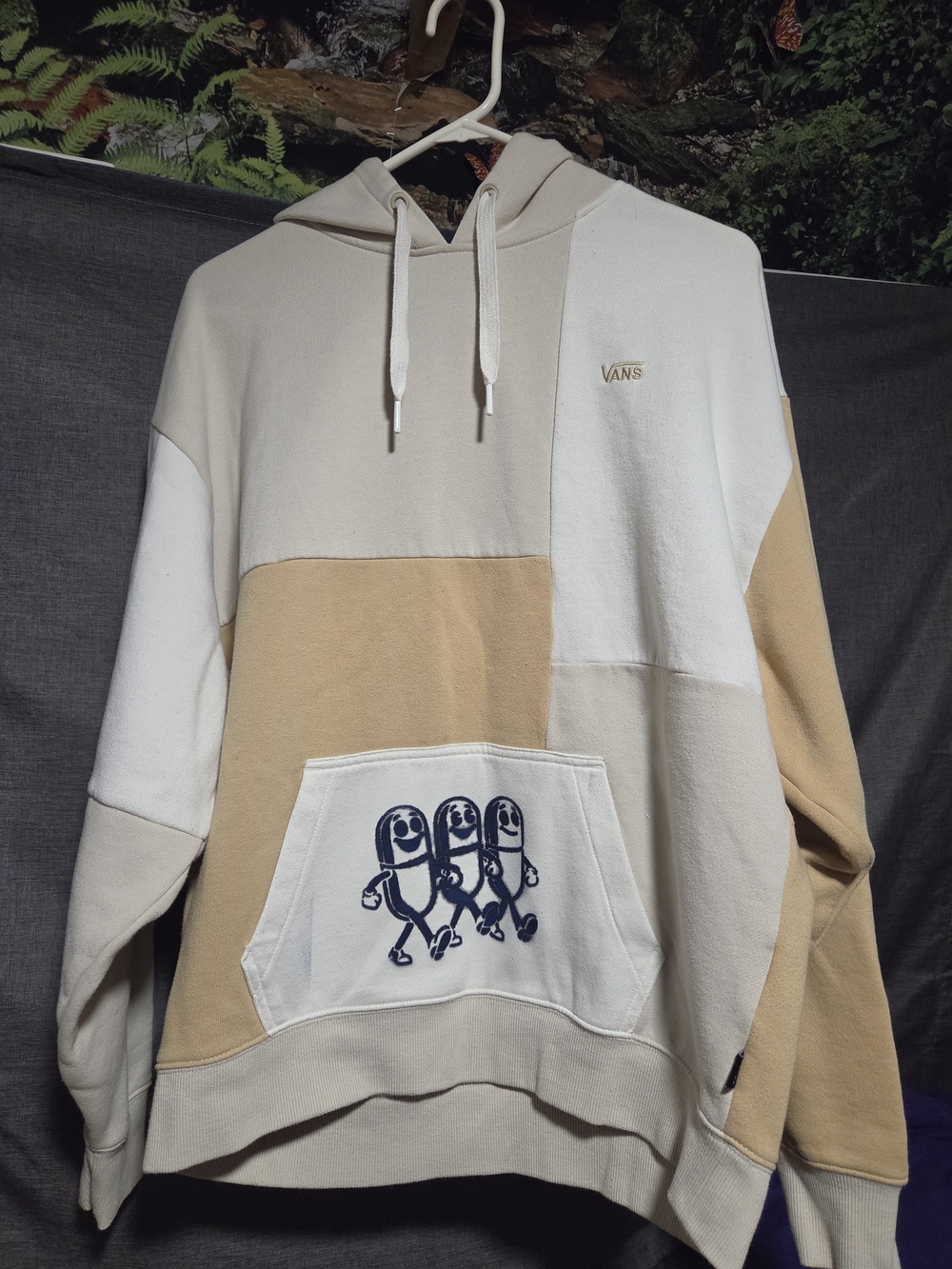 Oversized Upcycled Vans Beige, White & Tan Colorblock Hoodie with Graphic Pocket
